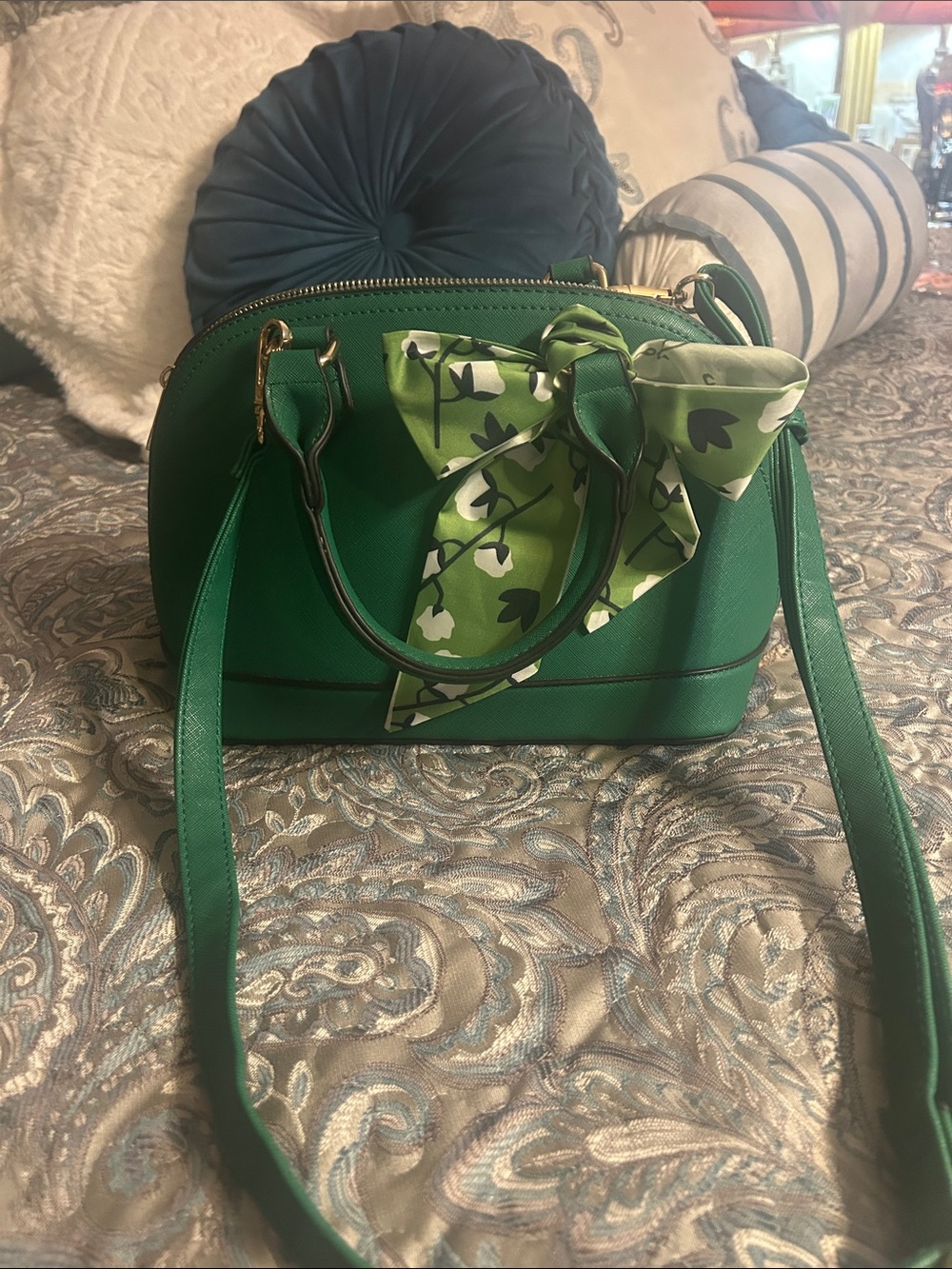Green Dome Satchel Handbag with Bow Accent
